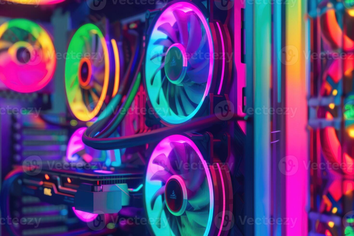 A high-end custom PC gaming setup with vibrant cooling fans and colorful lighting, showcasing modern technology. photo