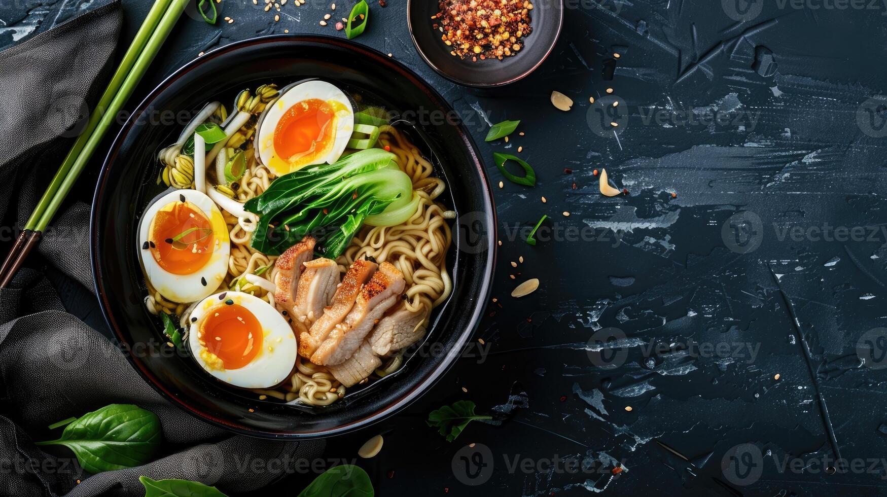Ramen noodles with chicken and eggs on a black background photo
