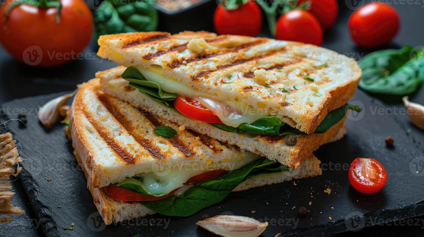 Vegetarian sandwich panini with spinach leaves, tomatoes and cheese on a dark table. Toast with cheese. photo