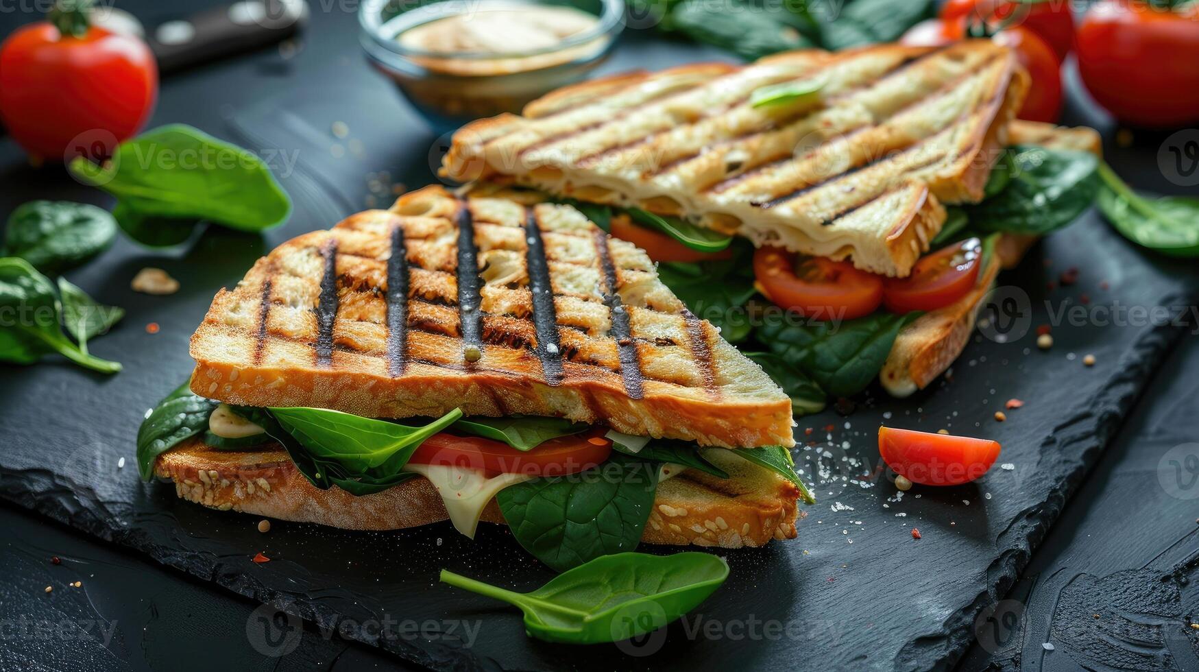 Vegetarian sandwich panini with spinach leaves, tomatoes and cheese on a dark table. Toast with cheese. photo