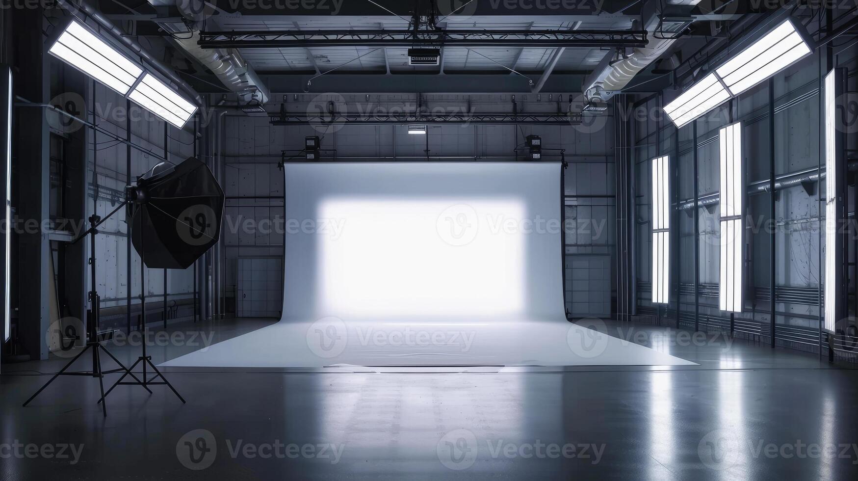 A large empty room with a white backdrop photo