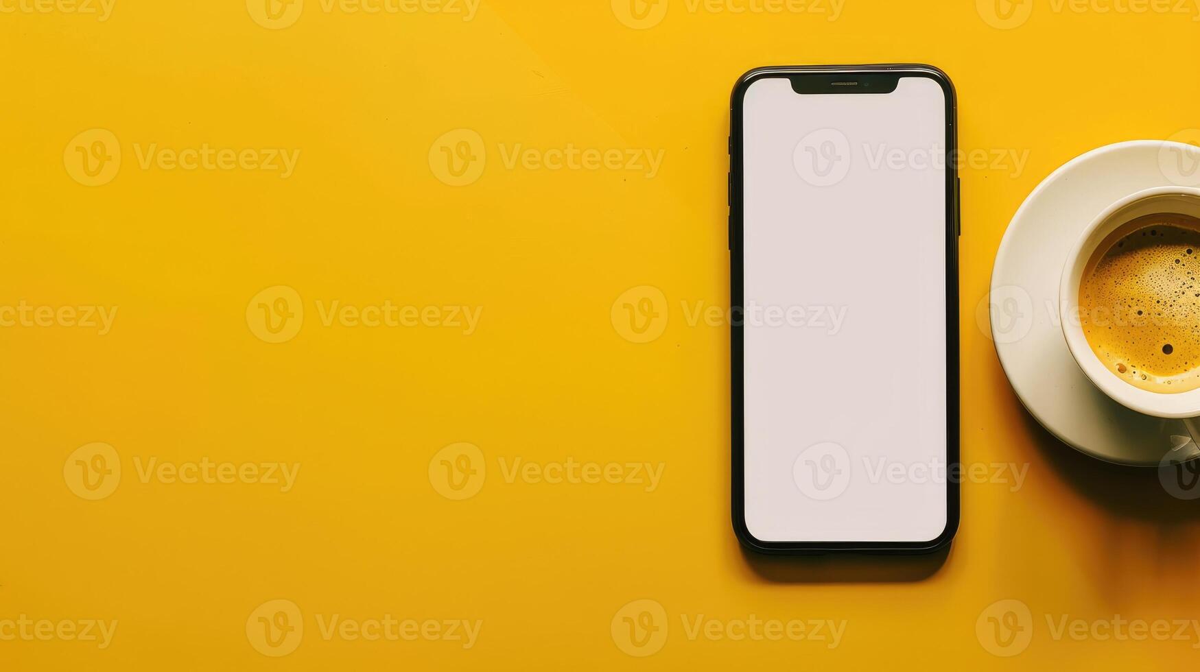 A digital photo of a smartphone with a blank white screen and a cup of coffee on a bright yellow solid color background