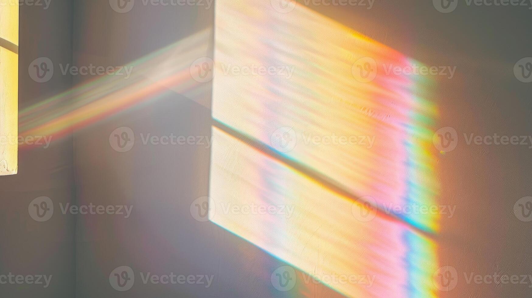 Overlay effect for photo and mockups. Organic drop diagonal shadow and ray of light with rainbow from window on a white wall.