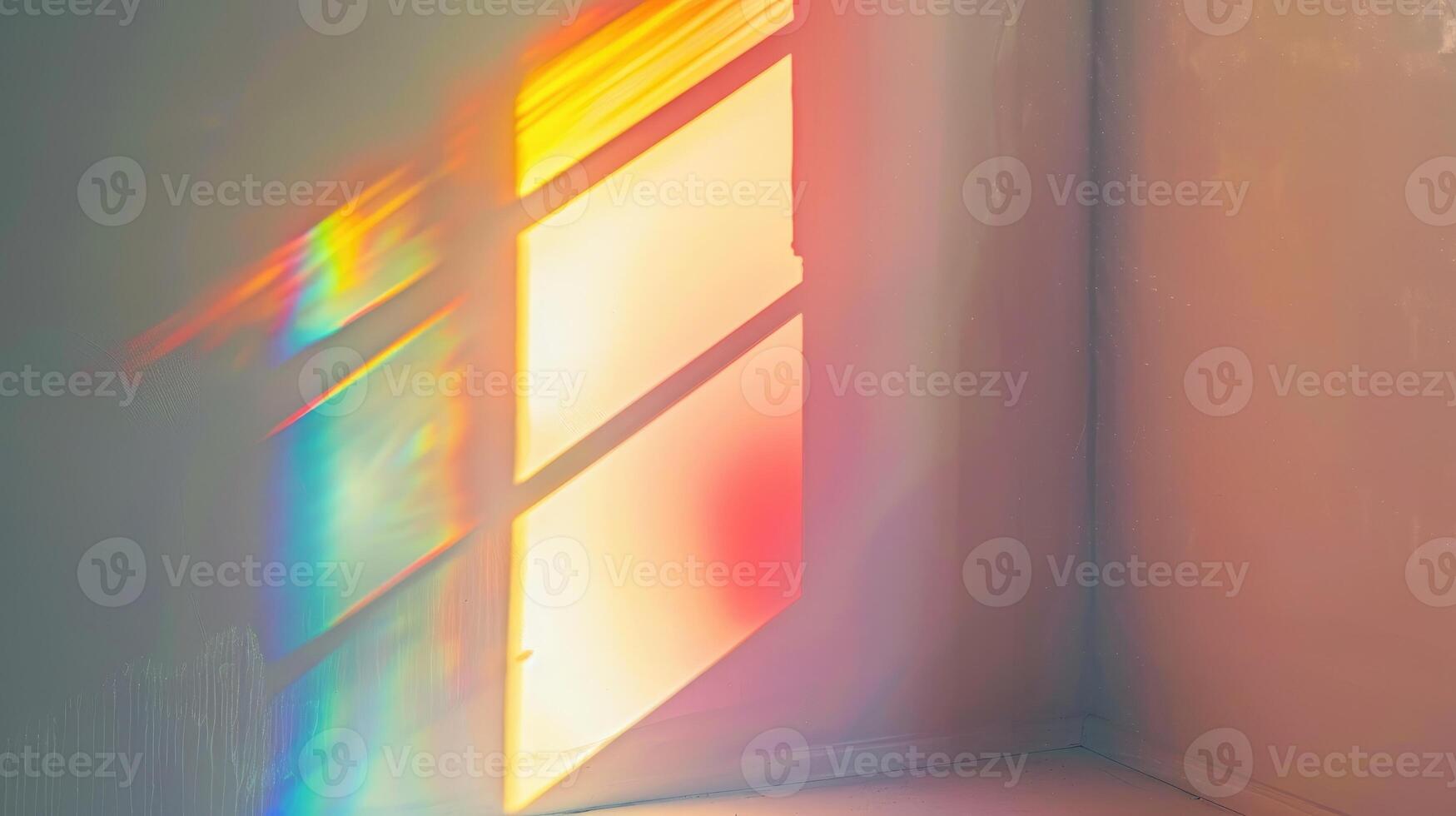 Overlay effect for photo and mockups. Organic drop diagonal shadow and ray of light with rainbow from window on a white wall.