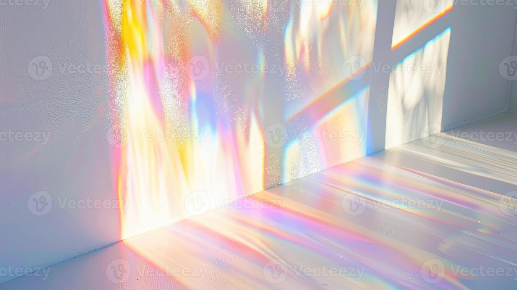 Overlay effect for photo and mockups. Organic drop diagonal shadow and ray of light with rainbow from window on a white wall.