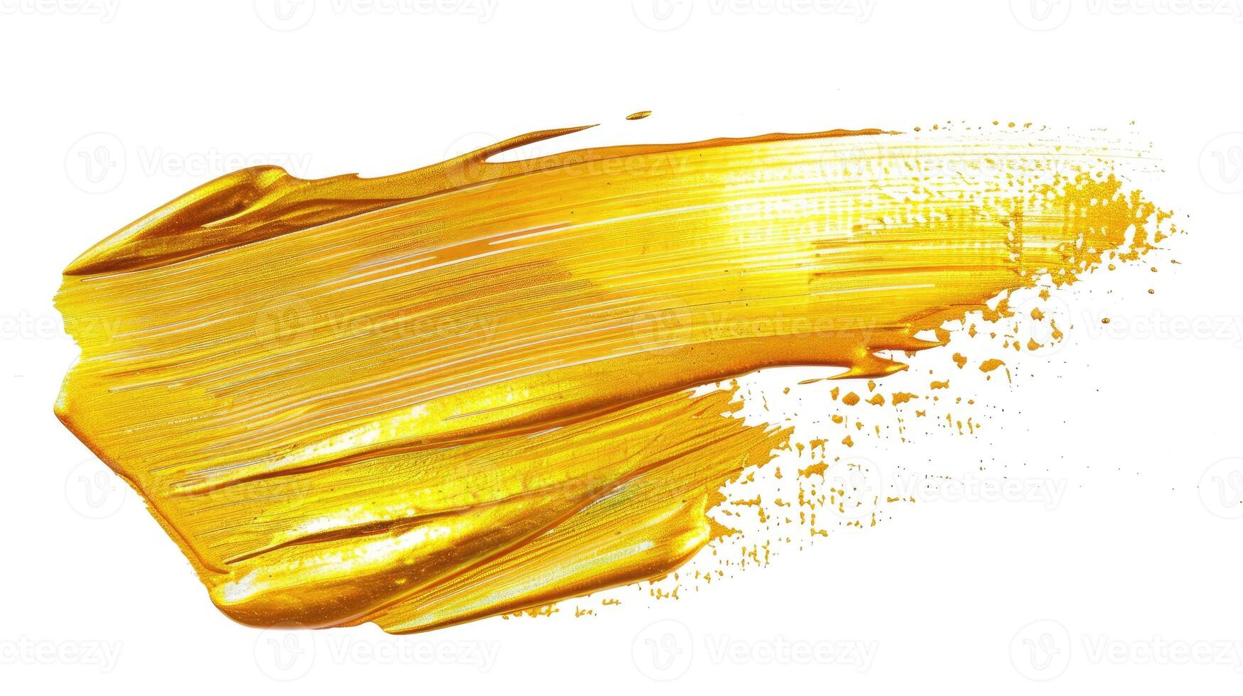 Gold paint brush smear stroke. Acrylic golden color stain on white background. photo