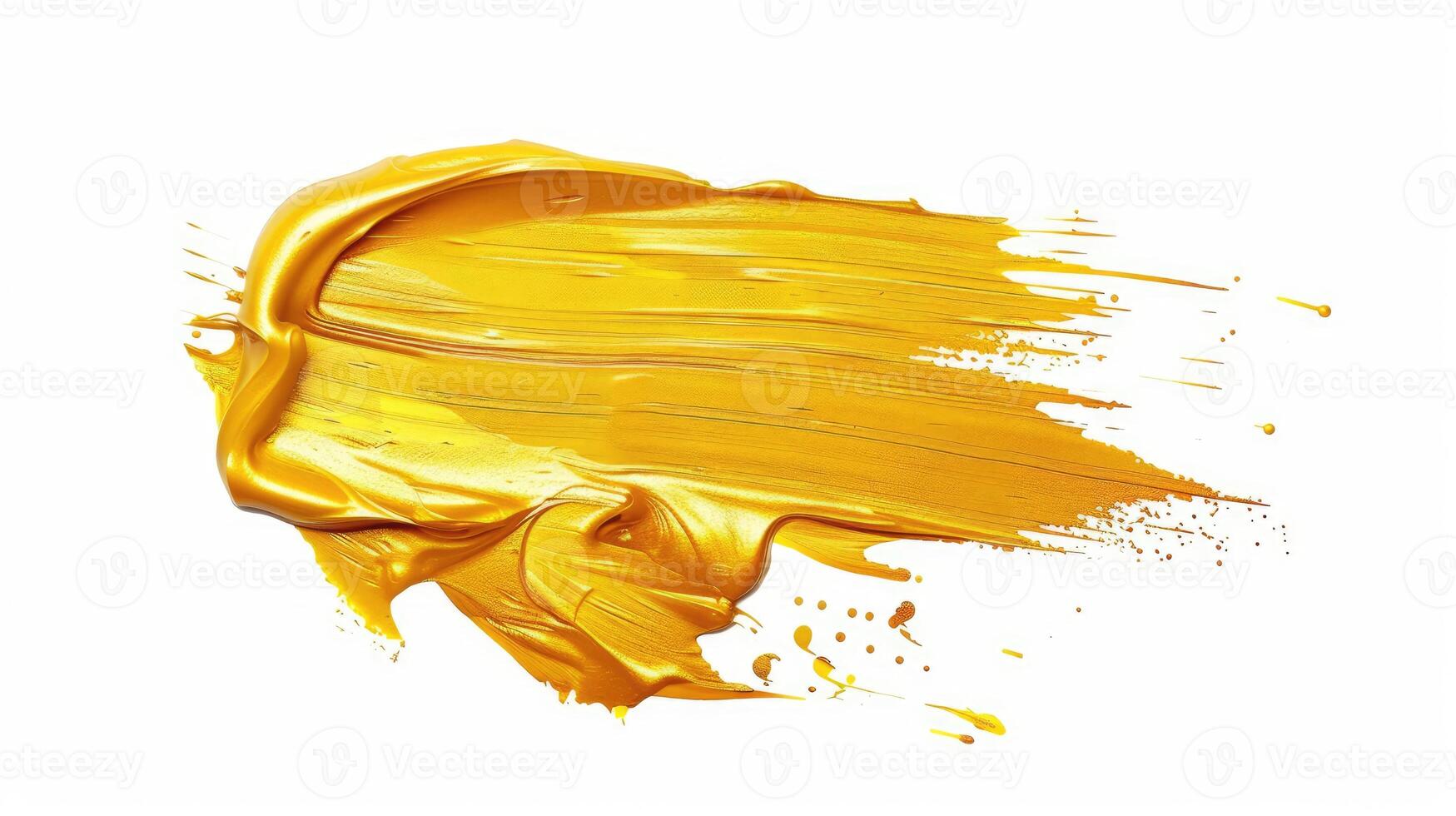 Gold paint brush smear stroke. Acrylic golden color stain on white background. photo