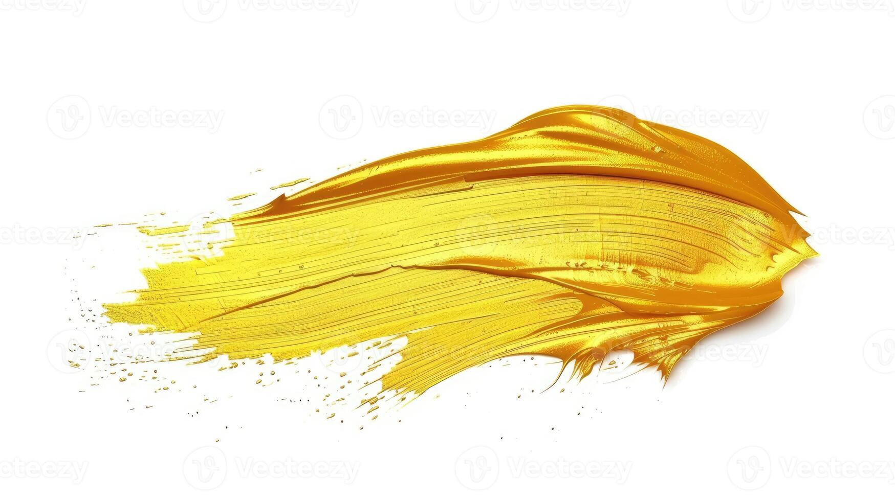 Gold paint brush smear stroke. Acrylic golden color stain on white background. photo