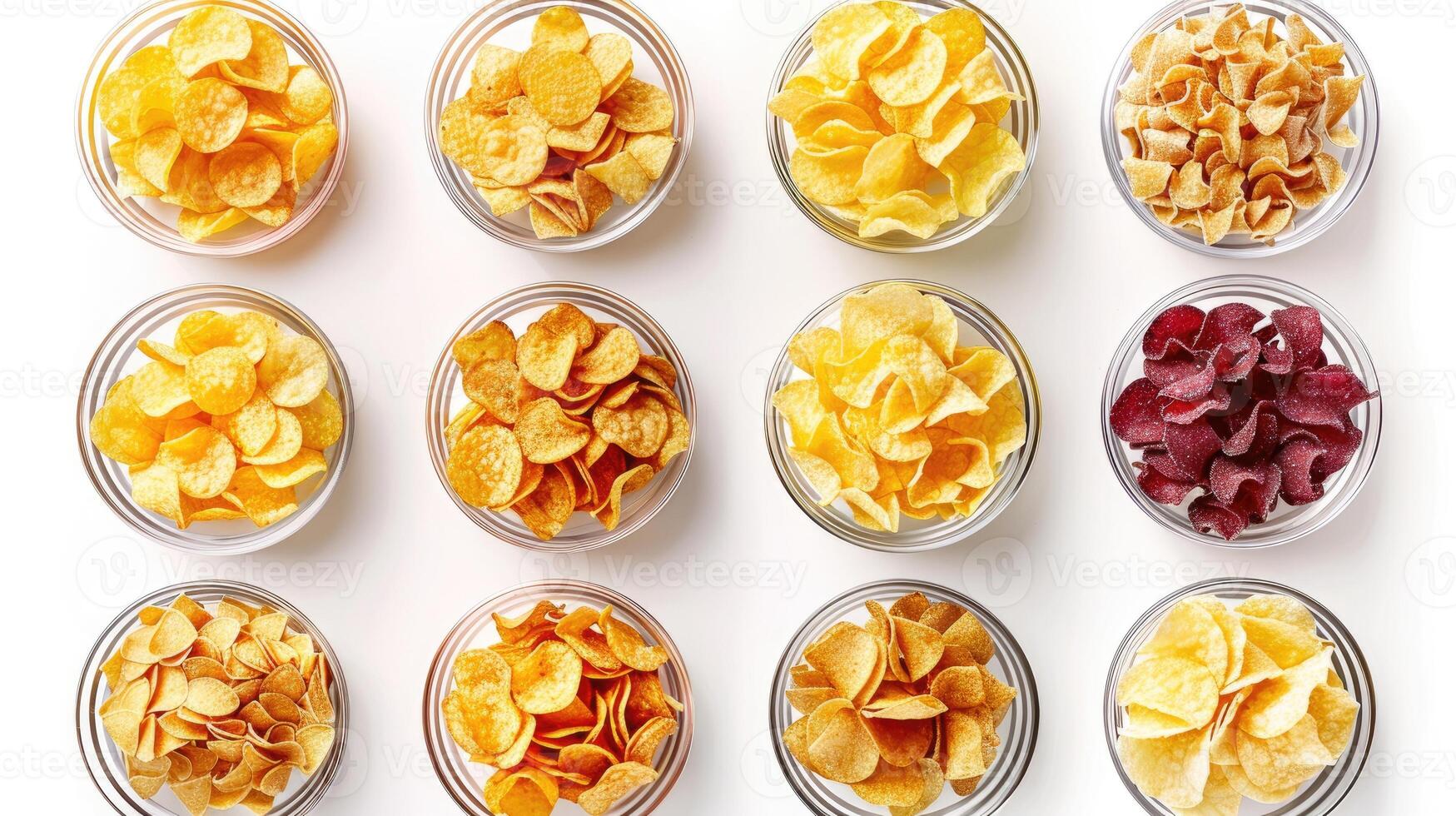 A variety of different types of chips are arranged in bowls photo