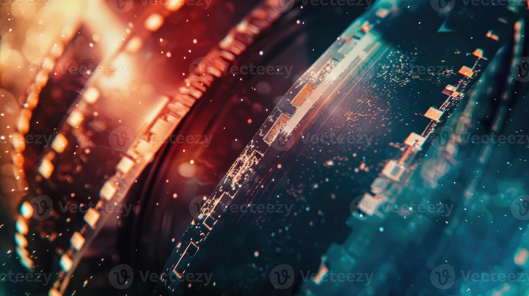 A close up of a film strip with a red and blue background photo