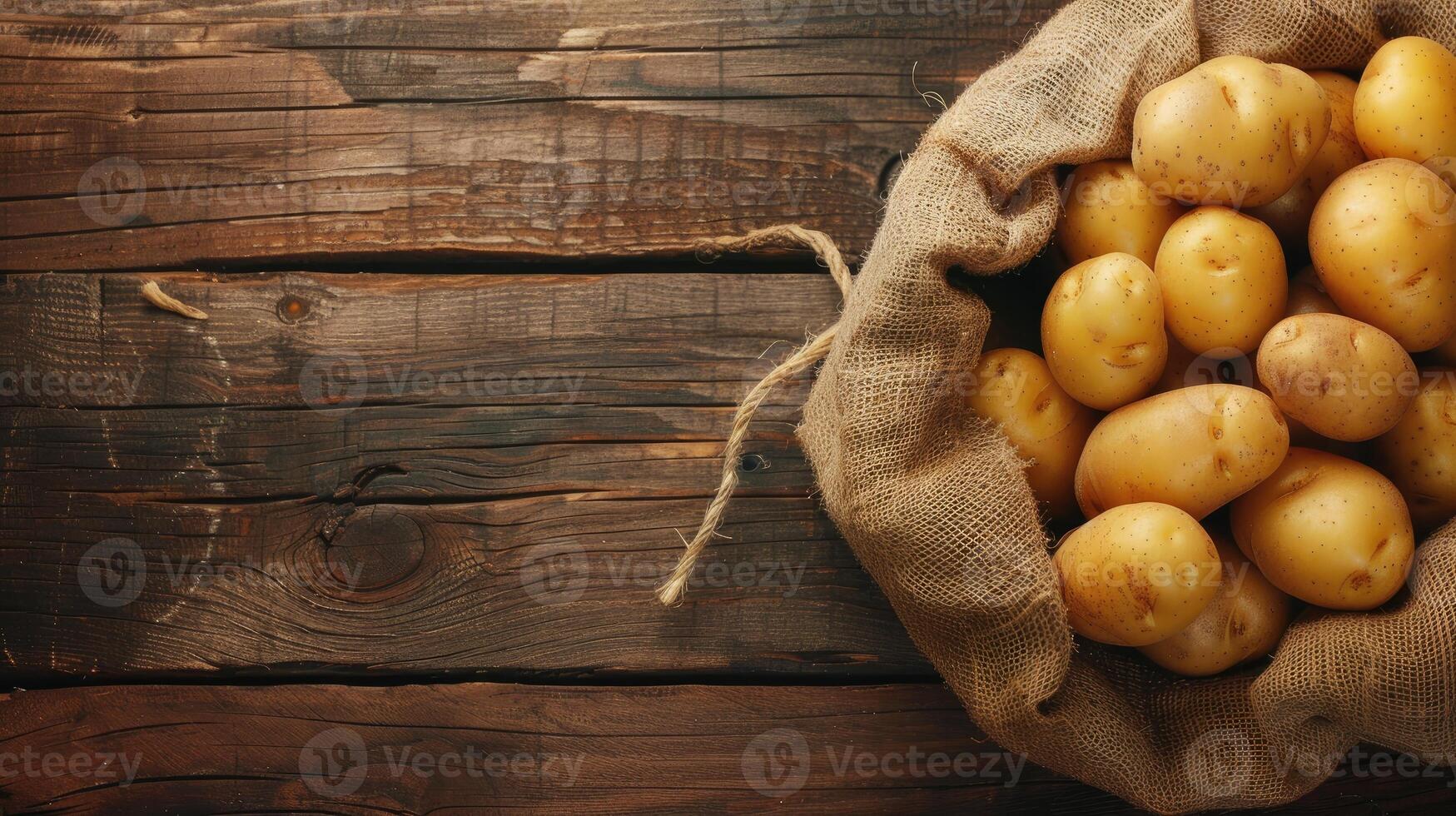 Potatoes in a sack on a wooden table photo