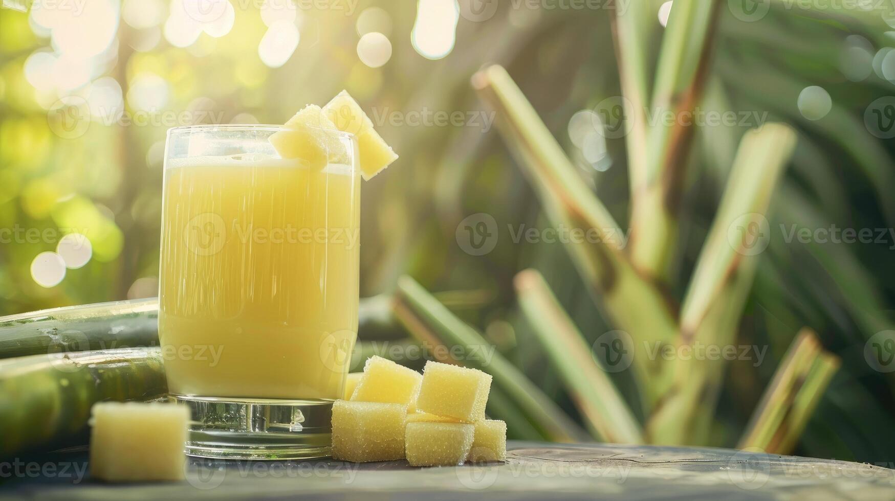 A glass of juice with cubes of pineapple on the table photo