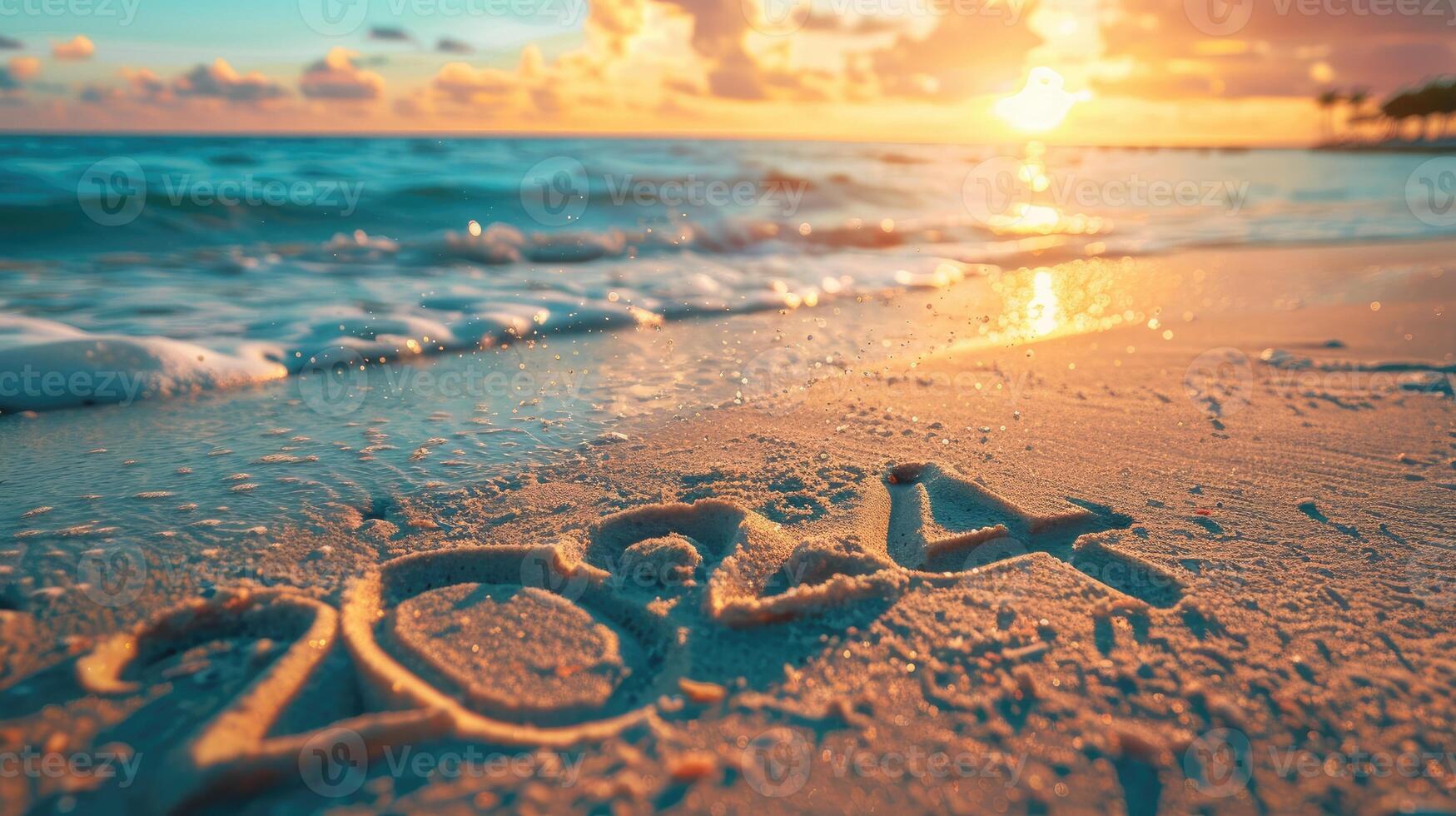 2024 written in the sand on a summer beach. 2024 summer vacation photo
