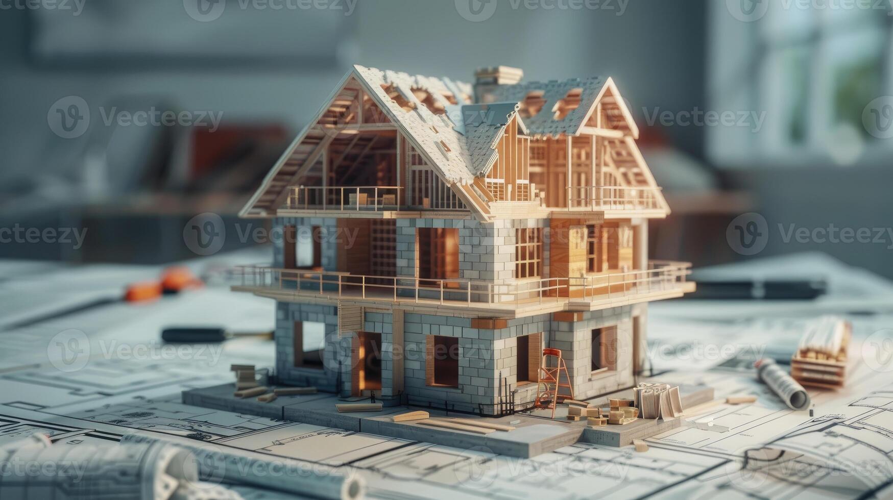 house under construction on blueprints, building project. building house, brick and project for construction industry background photo