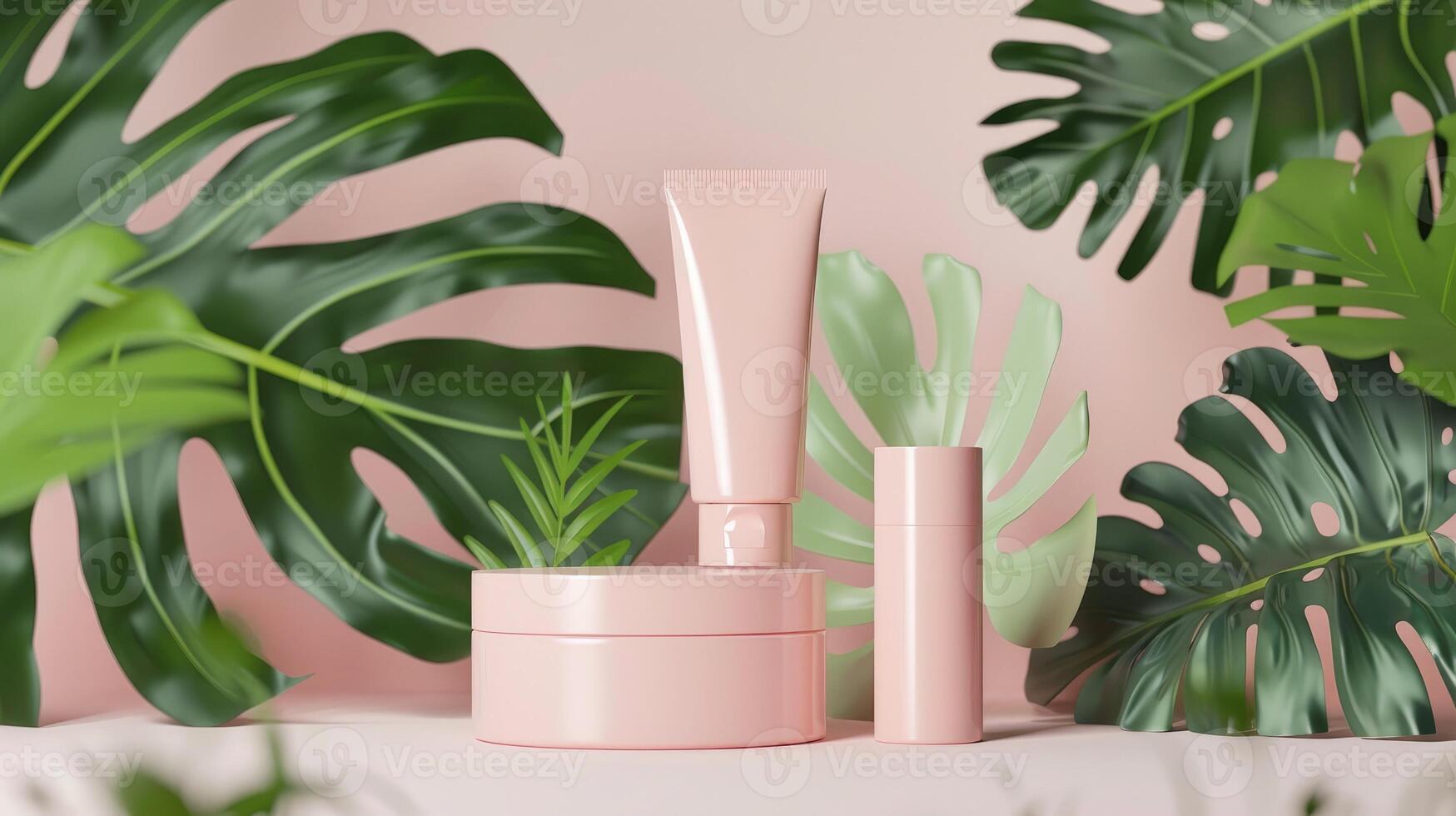 Cosmetic tube product mock up. Beauty skin care packaging with tropical leaves. 3D Rendering photo