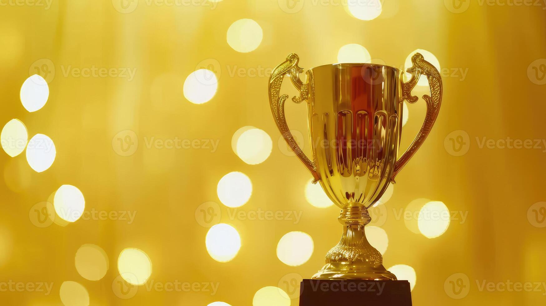 Gold award trophy against bright yellow background with blurred lights photo
