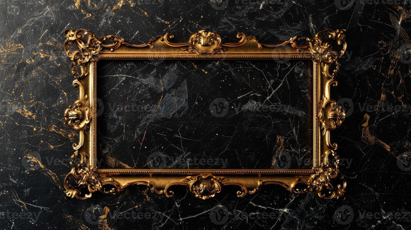 Golden metal frame on black textured background for your artwork, luxury style, space for your text or picture. photo