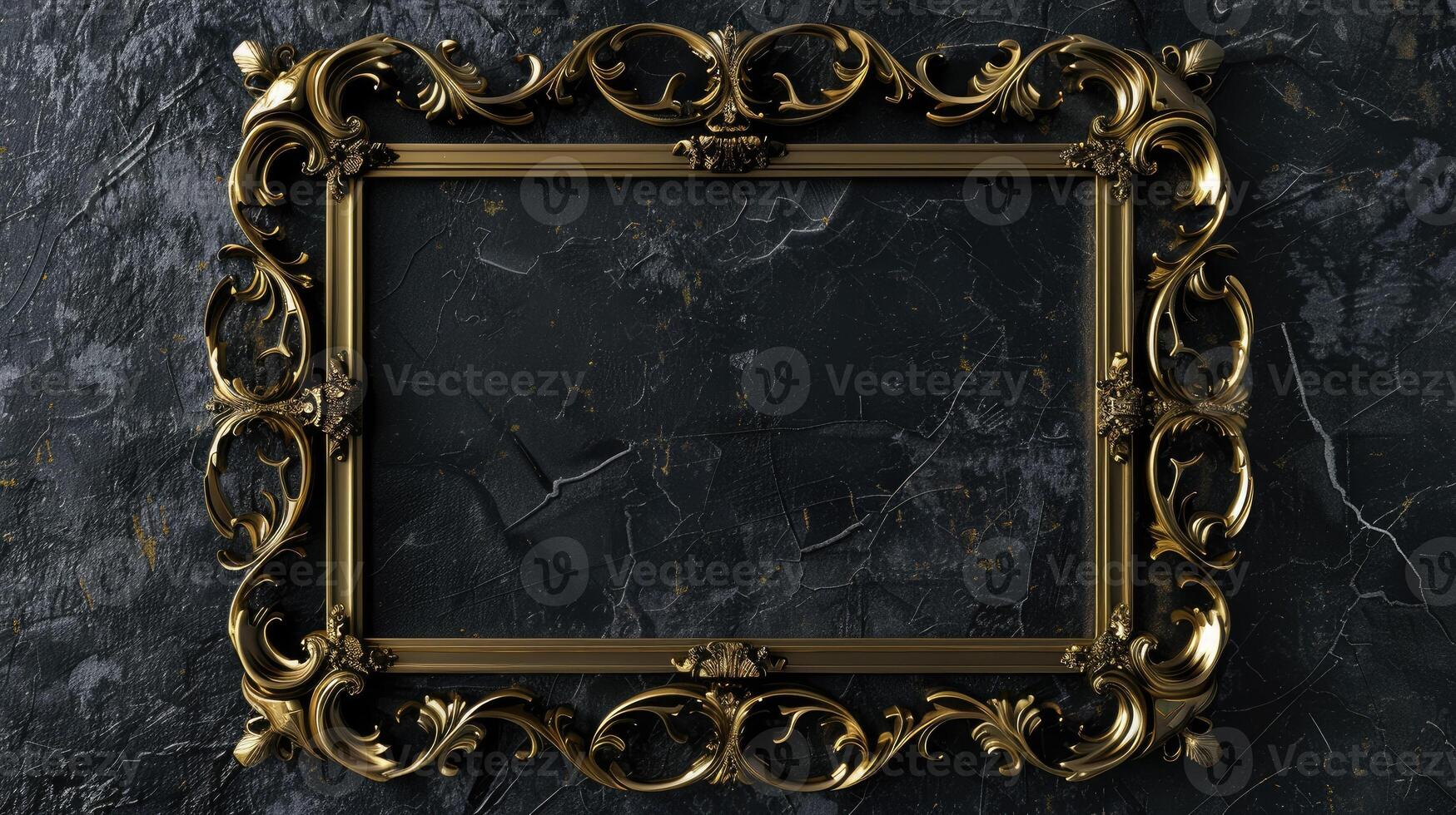 Golden metal frame on black textured background for your artwork, luxury style, space for your text or picture. photo