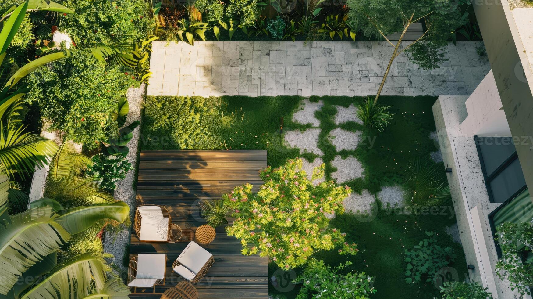 Sustainable Gardening and Landscaping. Eco-Friendly Backyard Retreat. Modern Backyard Design. Sleek Lines and Lush Greenery photo