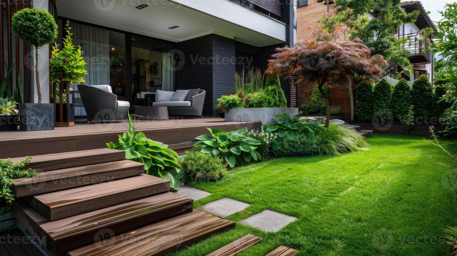 Sustainable Gardening and Landscaping. Eco-Friendly Backyard Retreat. Modern Backyard Design. Sleek Lines and Lush Greenery photo