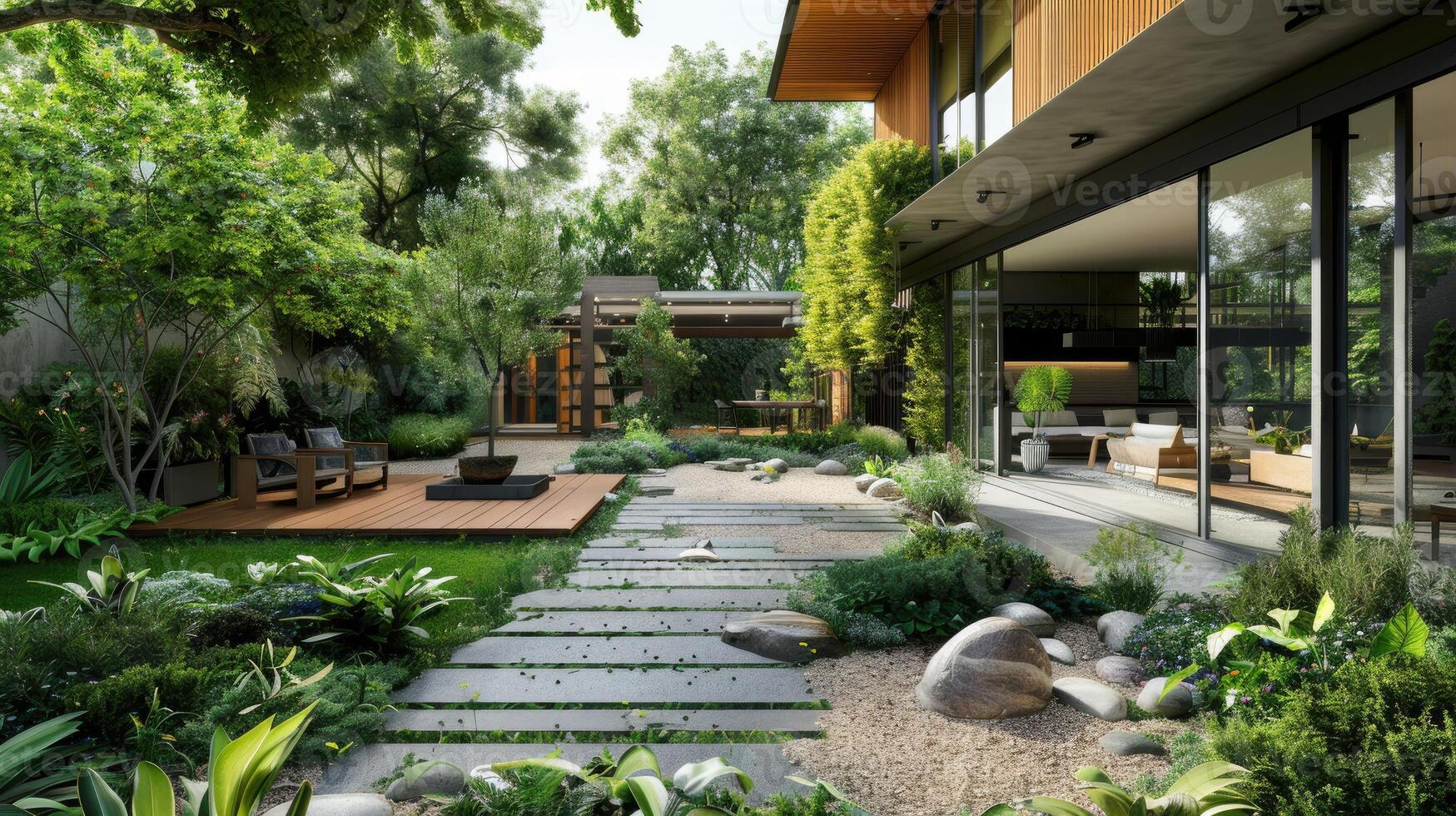 Sustainable Gardening and Landscaping. Eco-Friendly Backyard Retreat. Modern Backyard Design. Sleek Lines and Lush Greenery photo