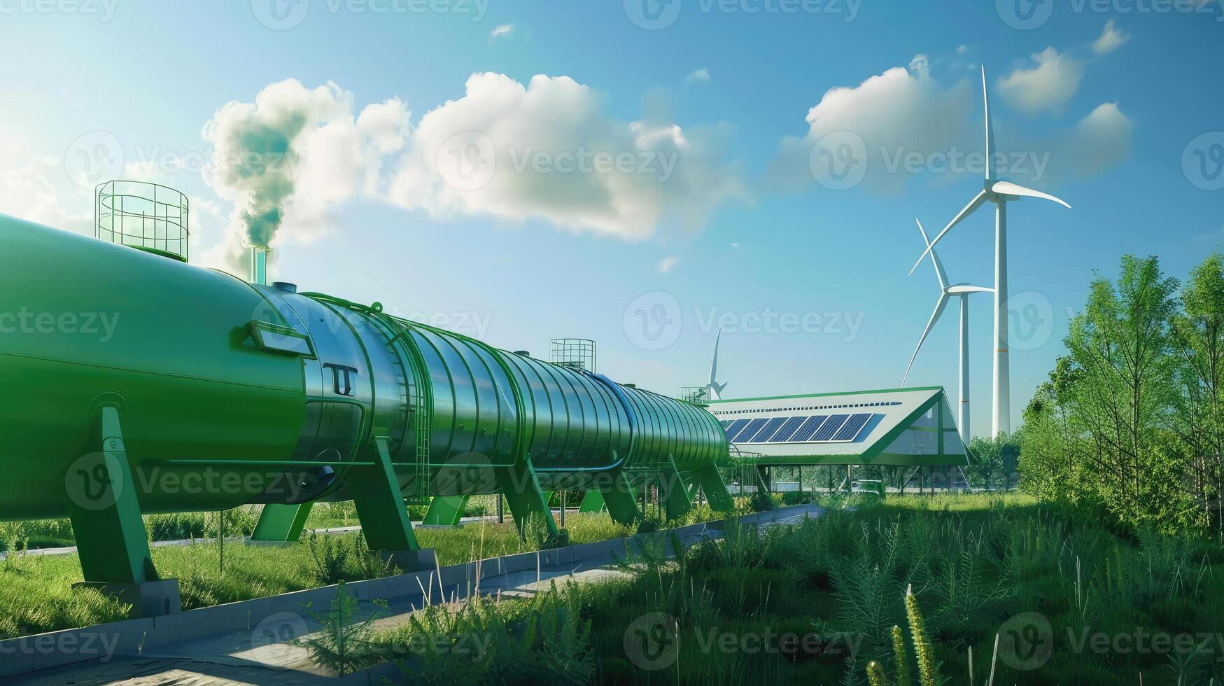 Green Hydrogen renewable energy production pipeline. Green hydrogen gas for clean electricity solar and wind turbine facility. photo