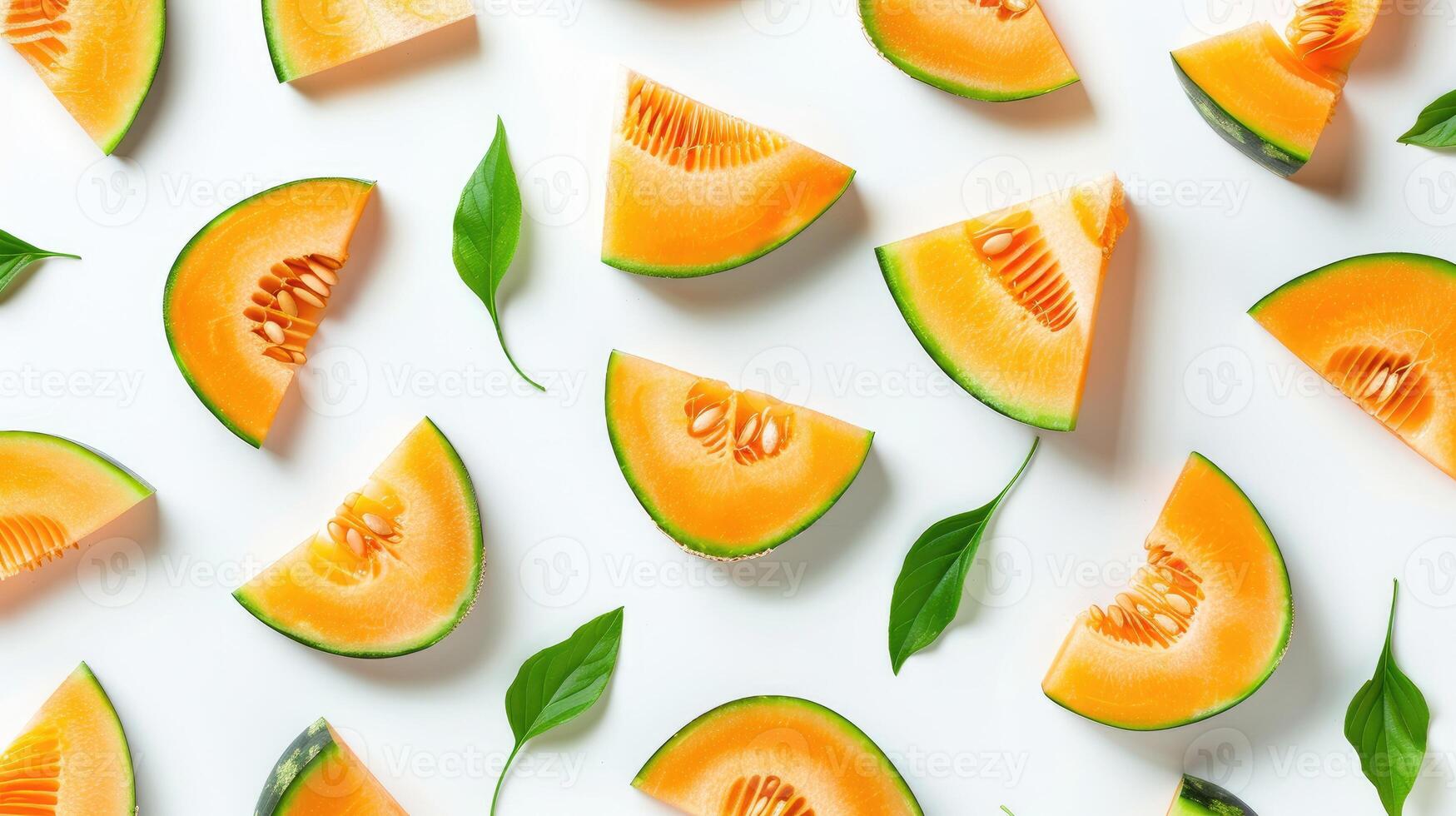 Fruit creative pattern of melon slices with leaves isolated on white background. Top view, Flat lay photo