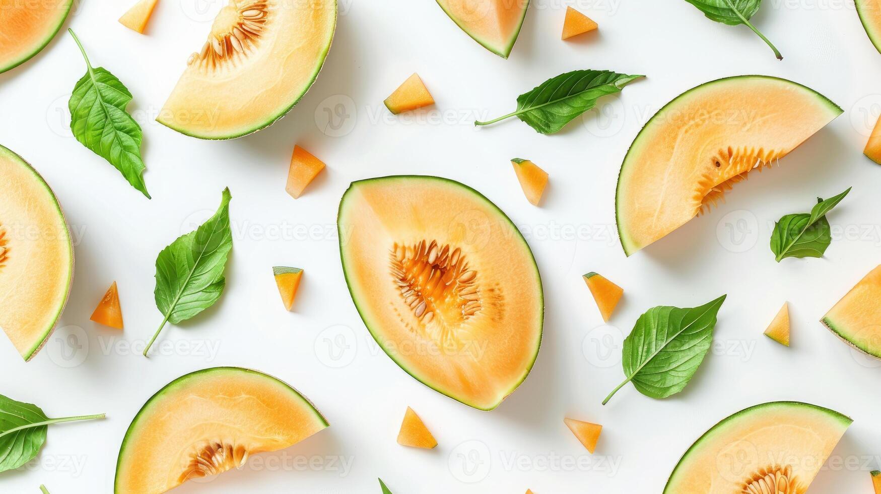 Fruit creative pattern of melon slices with leaves isolated on white background. Top view, Flat lay photo
