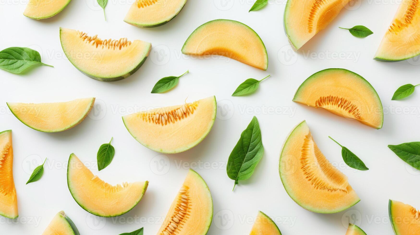 Fruit creative pattern of melon slices with leaves isolated on white background. Top view, Flat lay photo