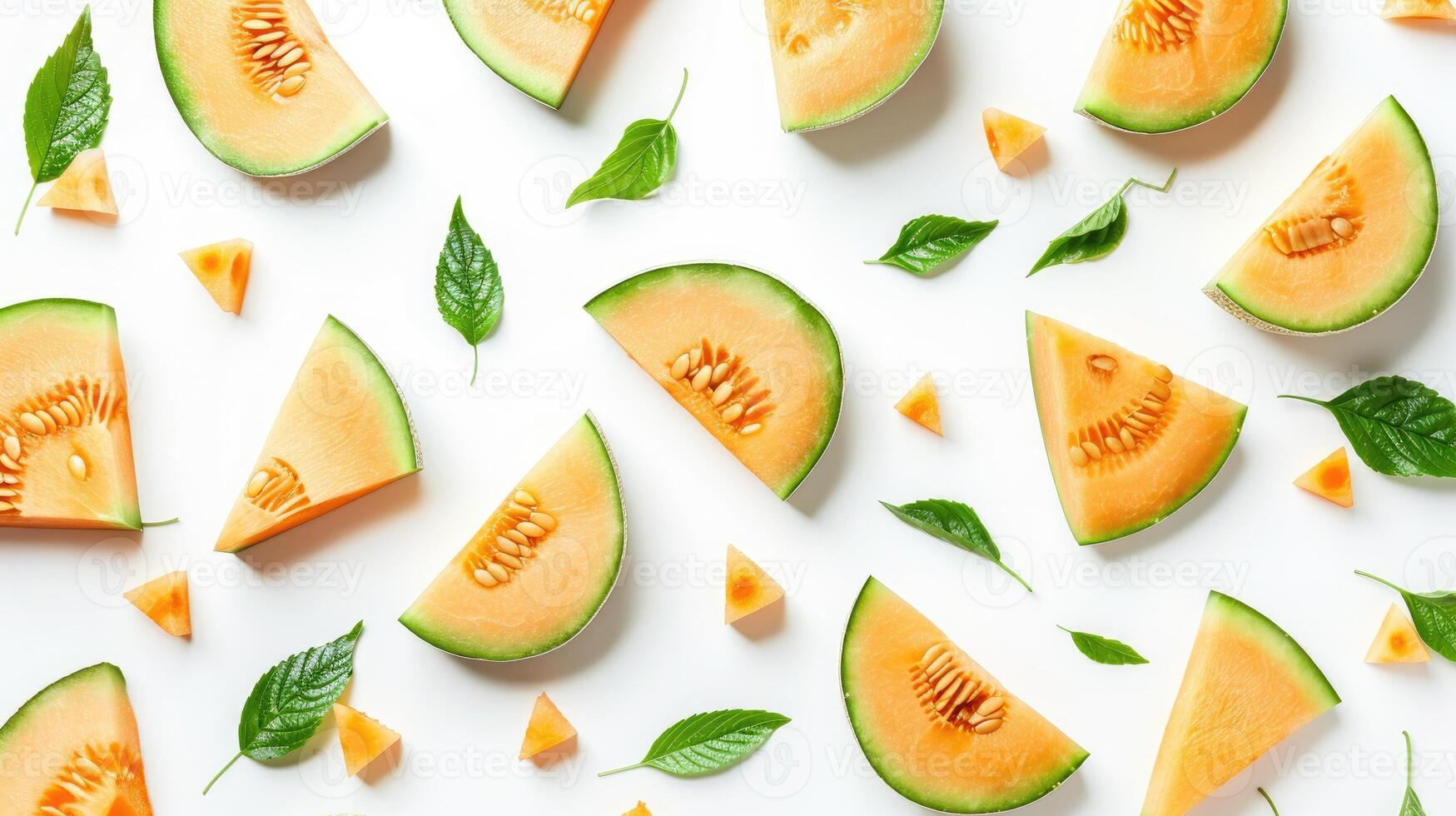Fruit creative pattern of melon slices with leaves isolated on white background. Top view, Flat lay photo