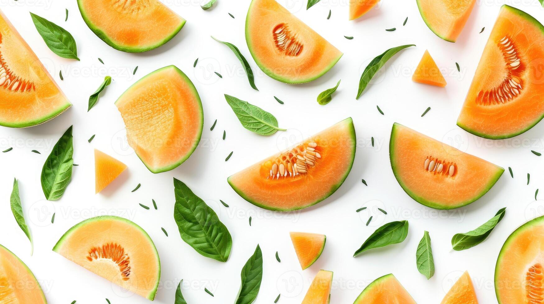Fruit creative pattern of melon slices with leaves isolated on white background. Top view, Flat lay photo