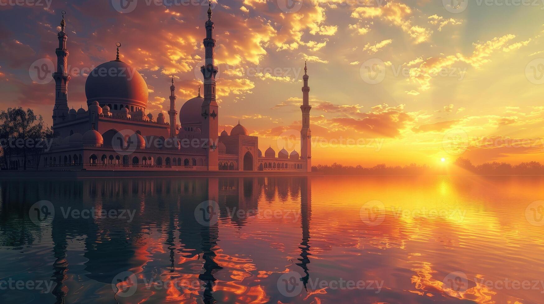 Serene Mosque Morning for Eid Greeting Design. Sunrise Reflections at Majestic Mosque for Eid Cards. photo