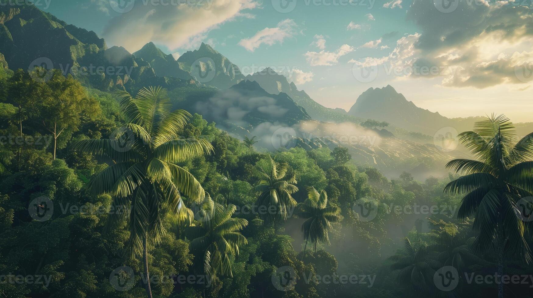 Mysterious jungle, palm trees and mountains at the top of hill with a mountain range around it photo