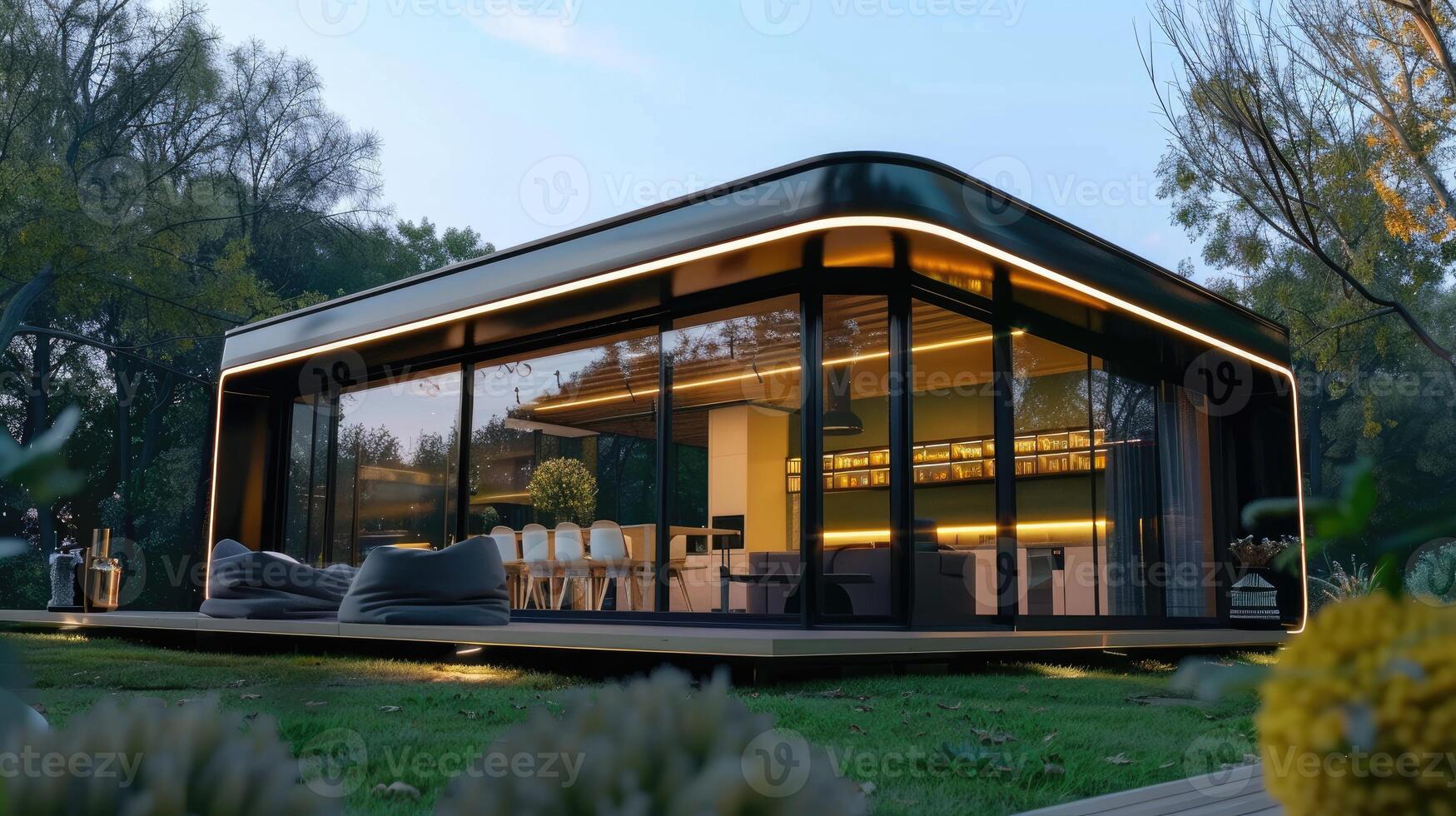 Modern Prefab Tiny Home with Glass Walls and Cozy Interior. Prefabricated Home Concept photo