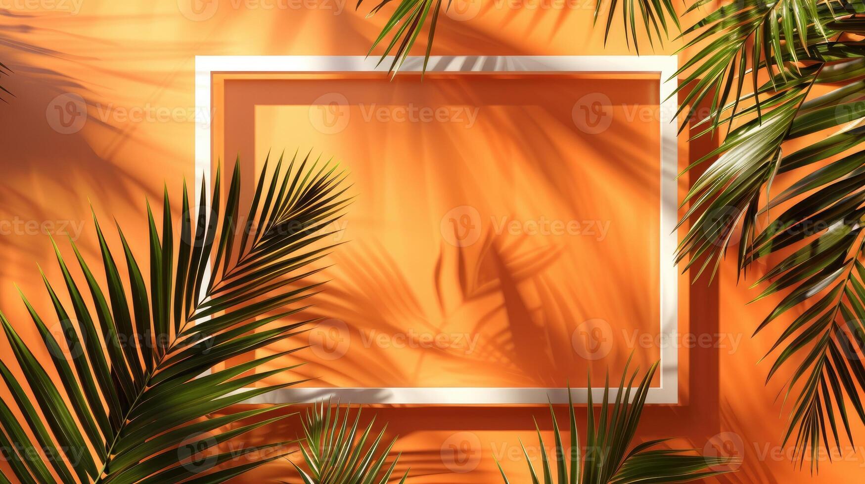 Tropical monstera palm leaf shadow on a white card frame. Orange summer poster. photo