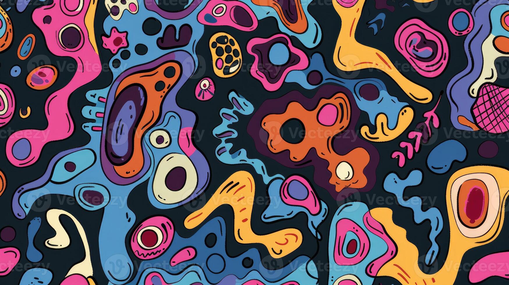 Colouful abstract organic shapes seamless illustration pattern. Trendy retro style doodle backgound photo
