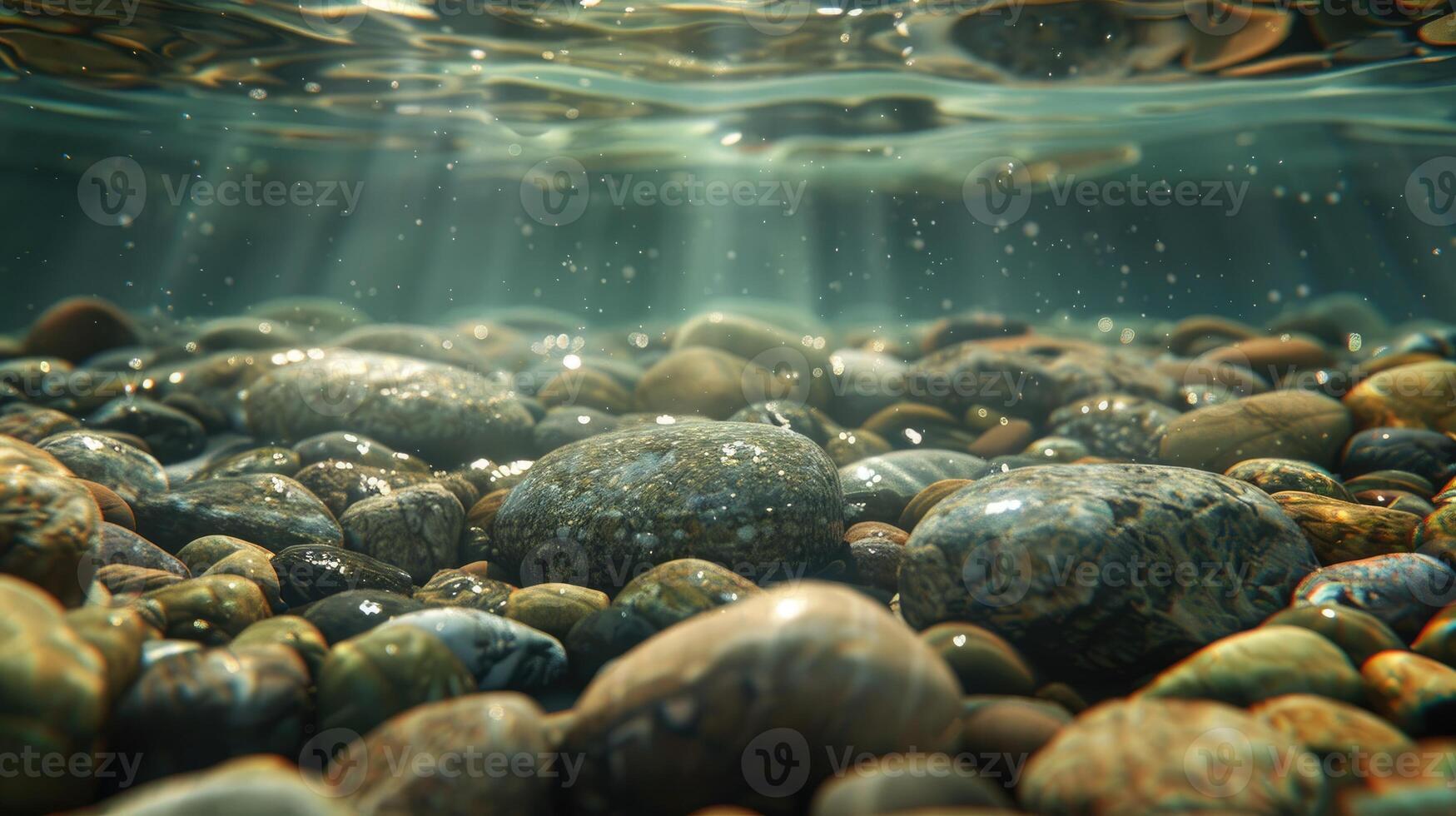 Smooth Rocks and Light Reflections Underwater, Textured Background of River Stones photo