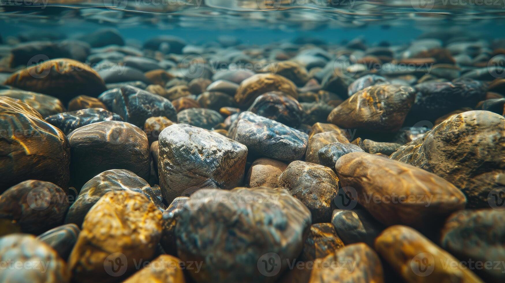 Smooth Rocks and Light Reflections Underwater, Textured Background of River Stones photo