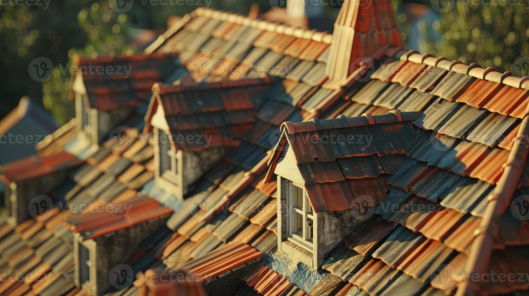 Roof shingles with garret house on top of the house. red Ceramic tiles on the roof background photo