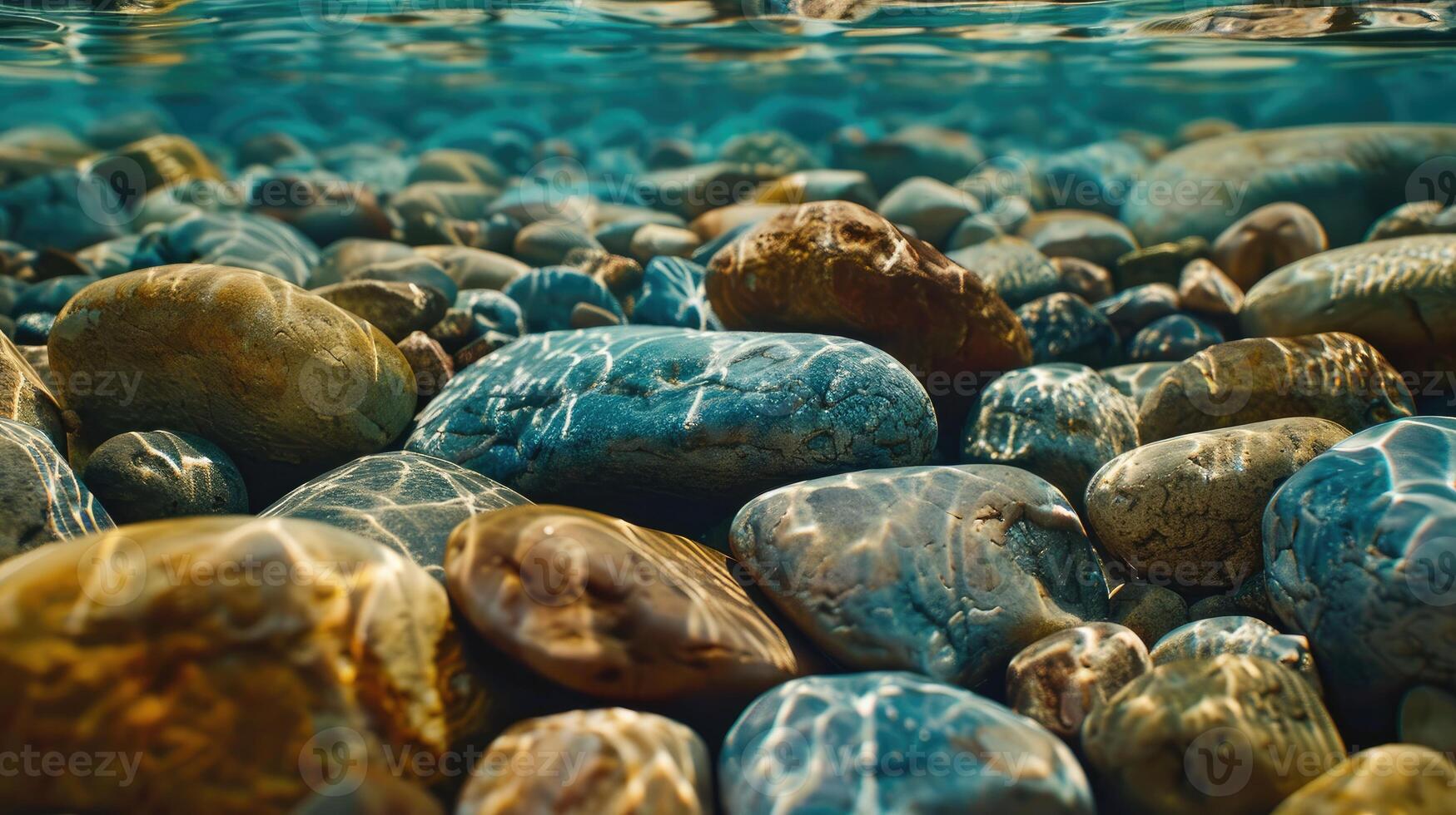 Smooth Rocks and Light Reflections Underwater, Textured Background of River Stones photo