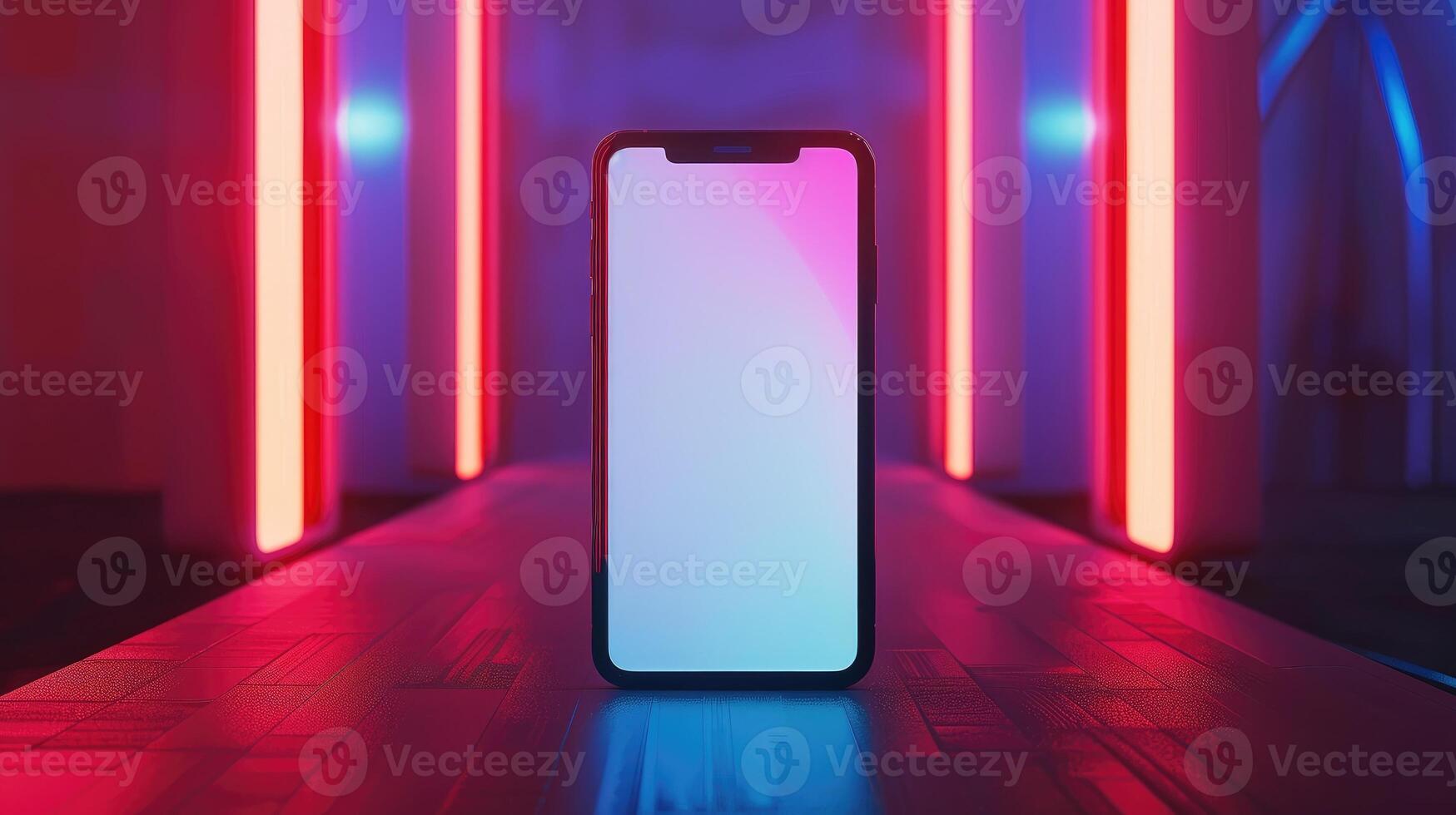Smartphone mockup with blank white screen with neon lighting. 3D Render photo