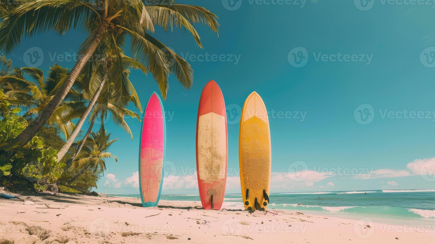 Colorful surfboards standing on a beautiful beach in summer time photo
