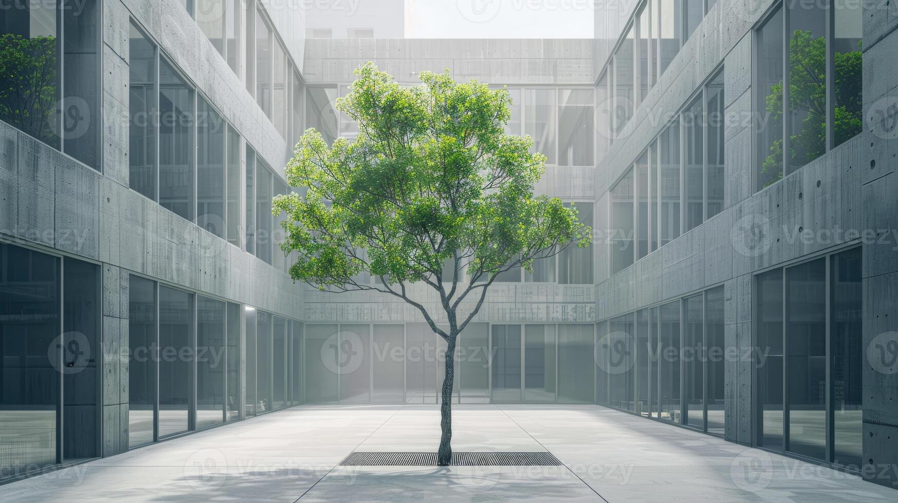 A tree in a courtyard between two buildings photo