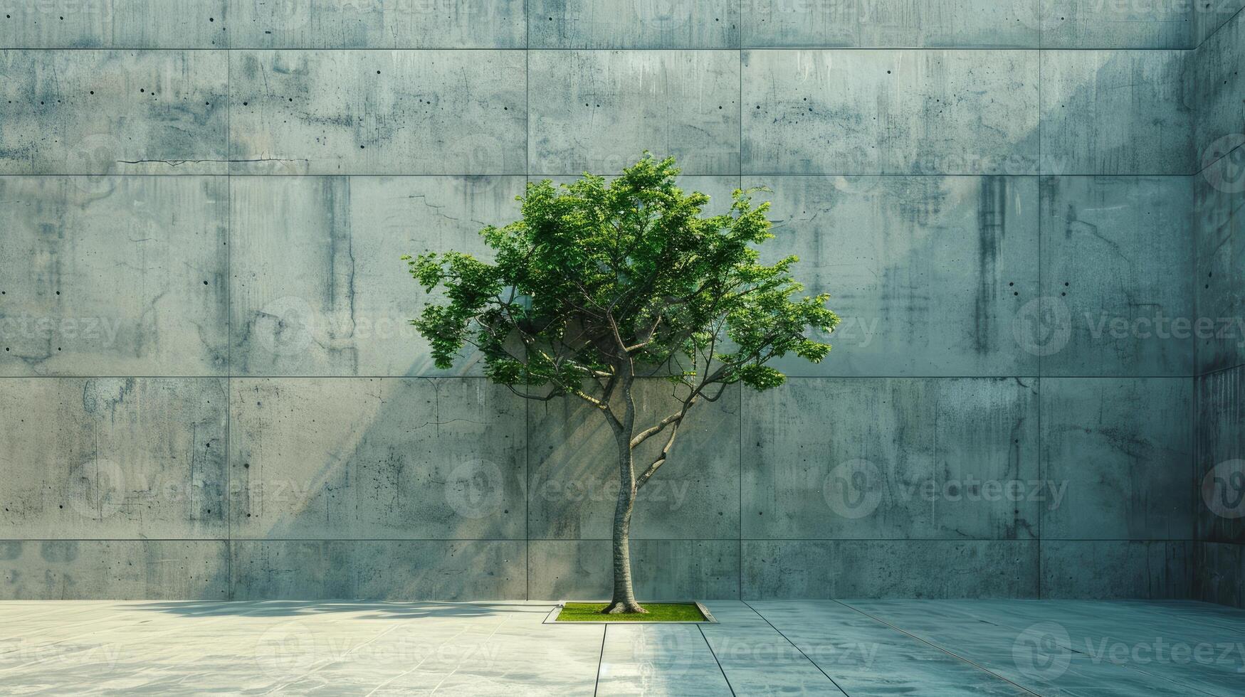 Urban Oasis. Solitary Tree in a Concrete Courtyard. Biophilic Design photo
