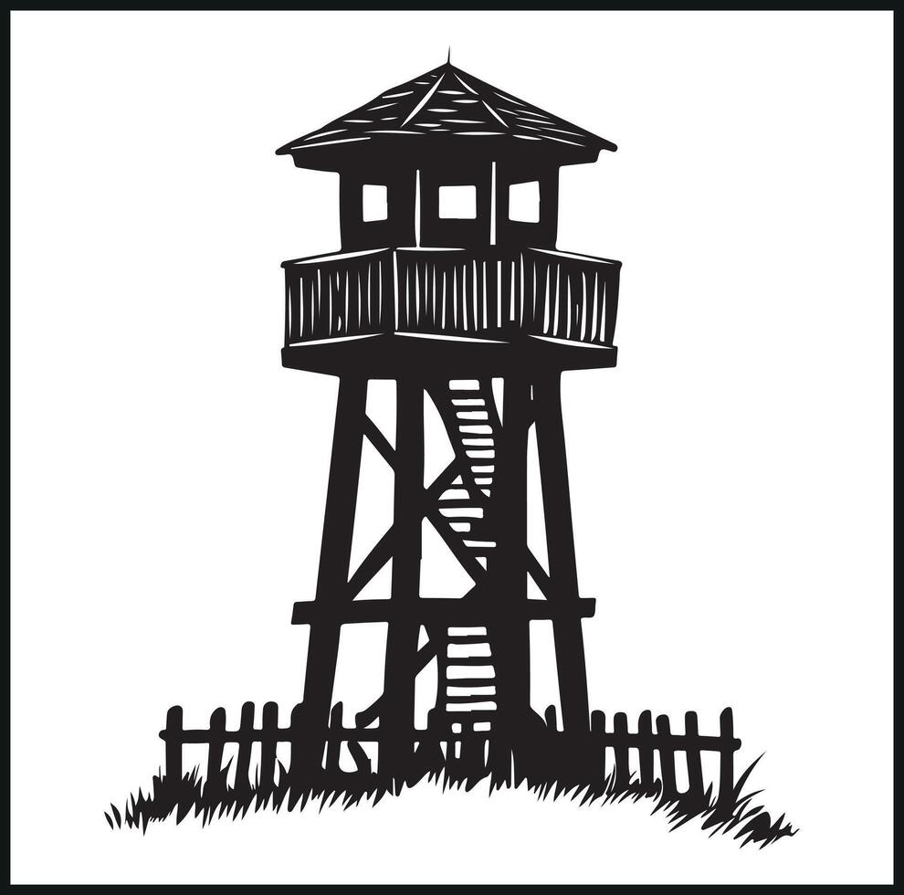 Observation Tower with Stairs and Fence Silhouette vector
