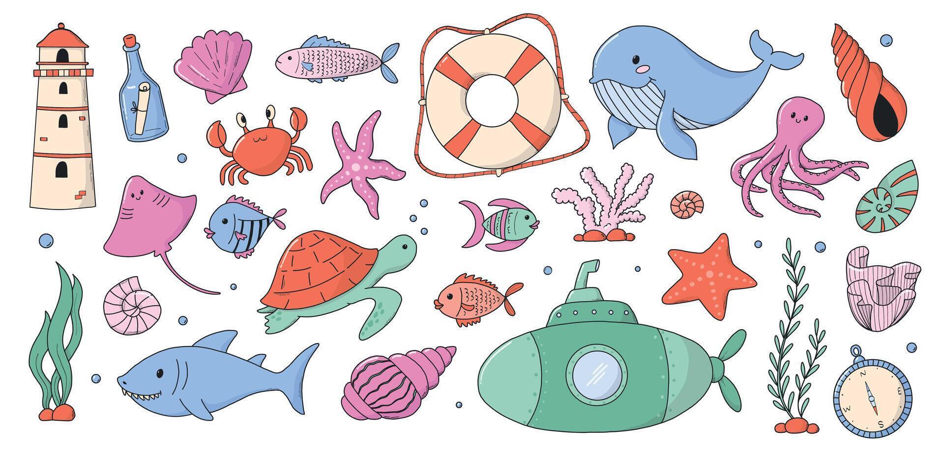 Sea life doodles, cartoon elements of fish, seaweed, starfish, submarine, corals, etc. for pritns, nursery decor, scrapbooking, stationery, stickers, cards, etc. EPS 10 vector