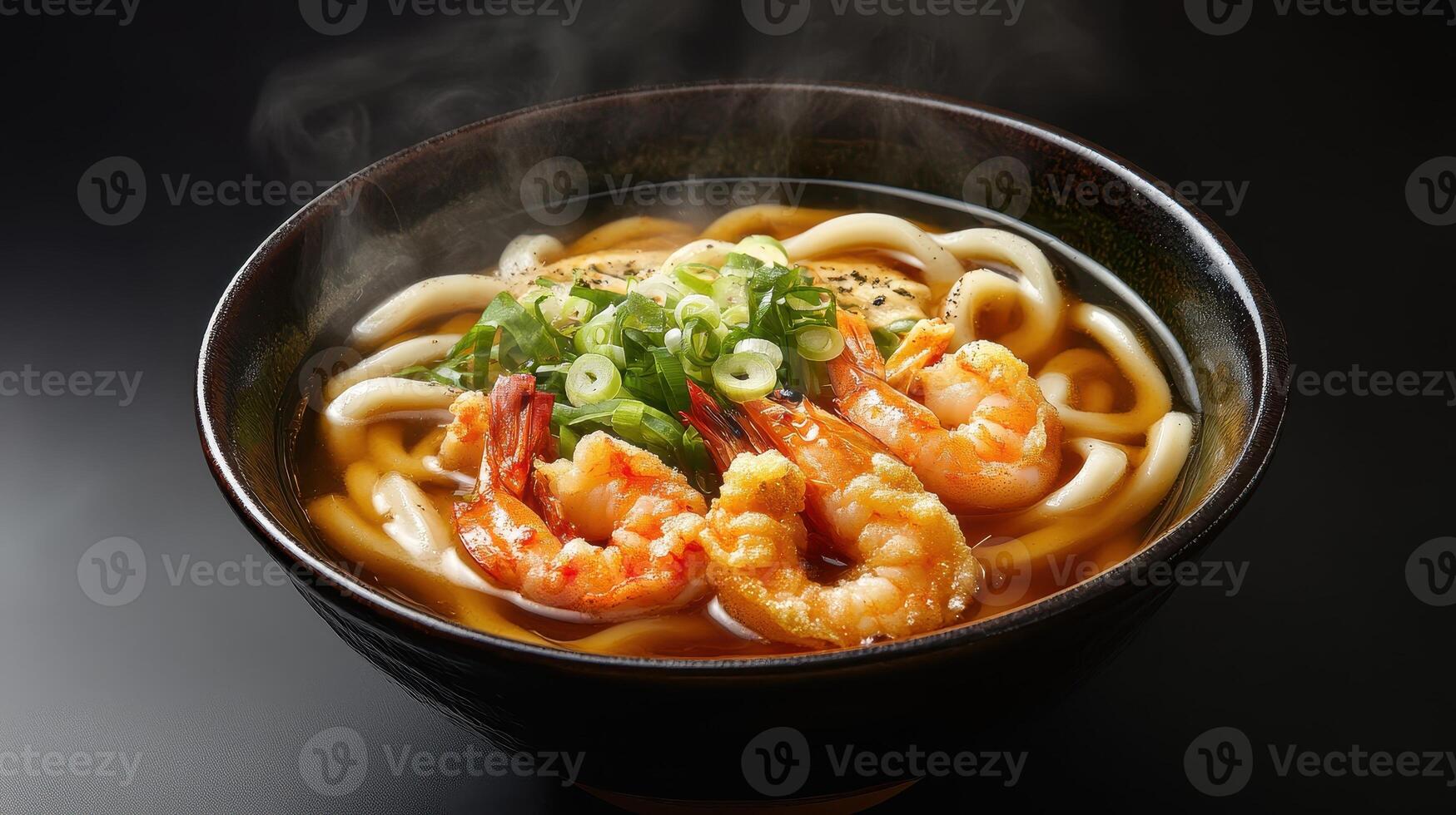 Japanese udon noodle soup with shrimps on table photo