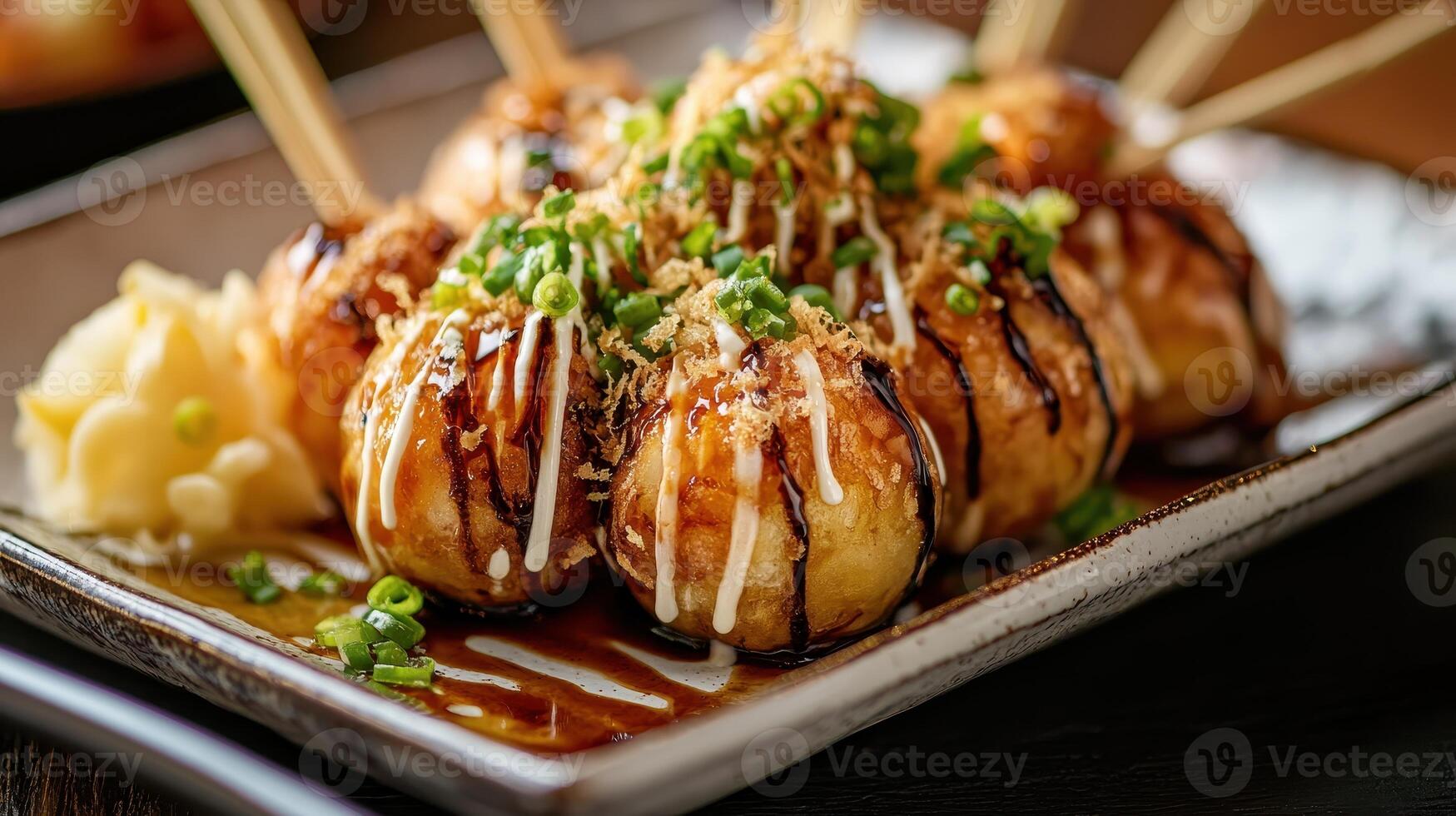 Plate of Freshly Made Takoyaki with Sauces and Bonito Flakes photo