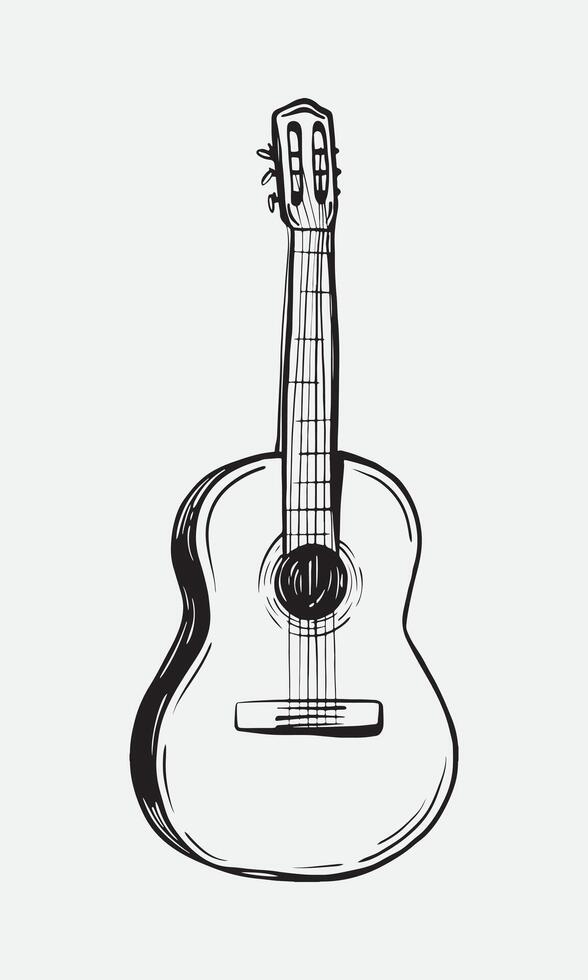 Acoustic Guitar illustration in doodle style. Sketch of classical Spanish music instrument. Hand drawing draw six-string guitar. Coloring for children. vector