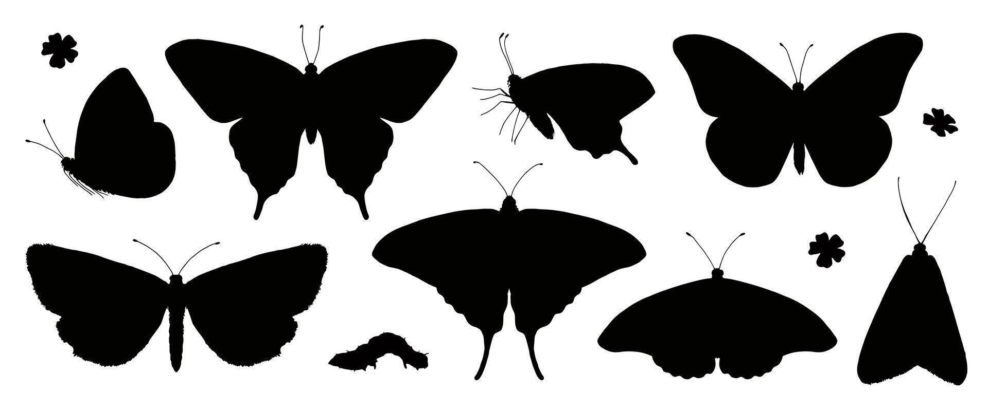 Butterfly silhouette set in format. Simple black shapes of flying insects, perfect for icons or logos. Ideal for nature and wildlife themed decor vector